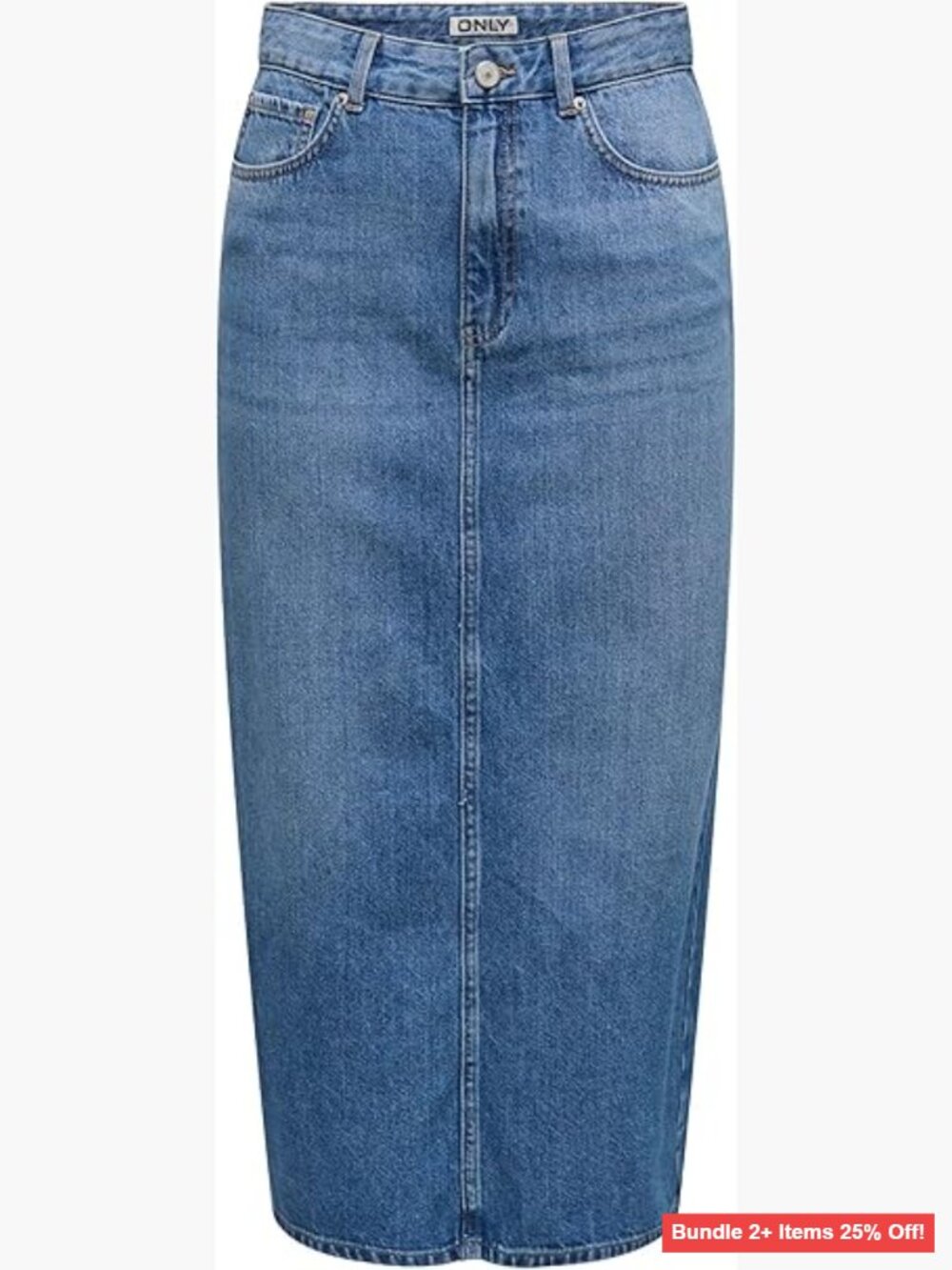 Midi Denim Skirt with Back Slit, Pockets, Button Zip Closure, Medium